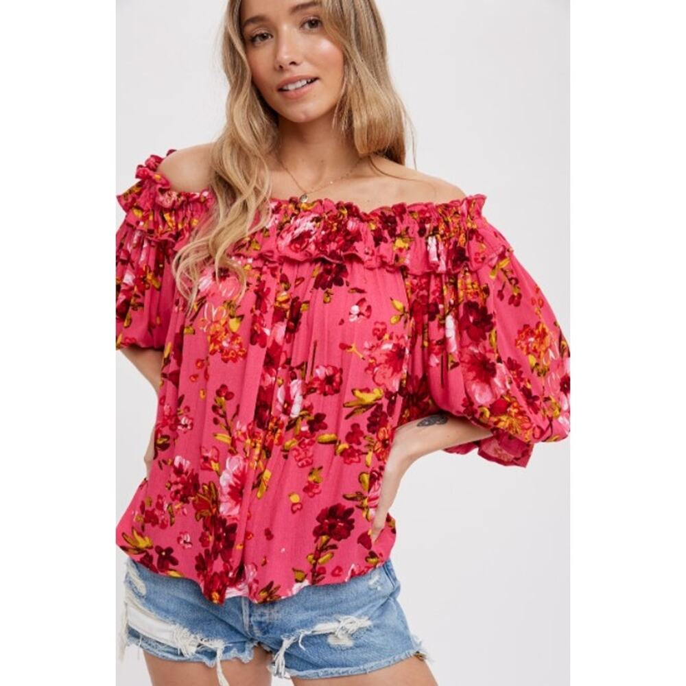 Floral Ruffle Neck Off The Shoulder Blouse LARGE - Picture 3 of 8
